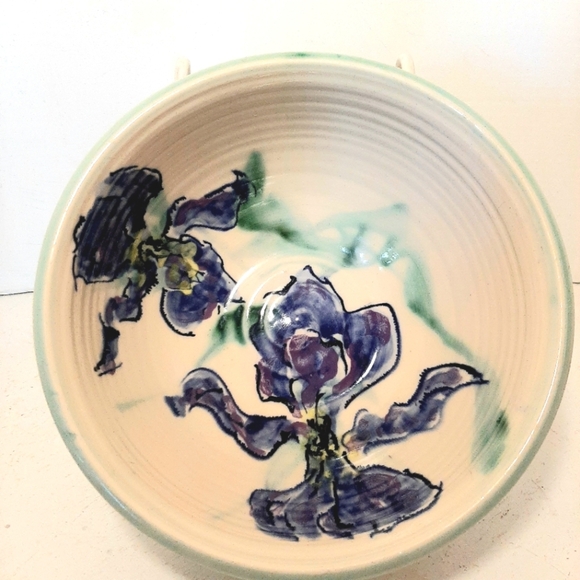 Handcrafted Floral Ceramic Bowl. Abstract Irises  No flaws. 8.25 x 4 inches - Picture 1 of 8